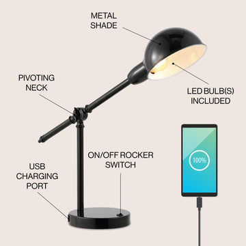 Curtis 20.25" Vintage Industrial Iron Adjustable Dome Shade LED Task Lamp with USB Charging Port - JONATHAN Y